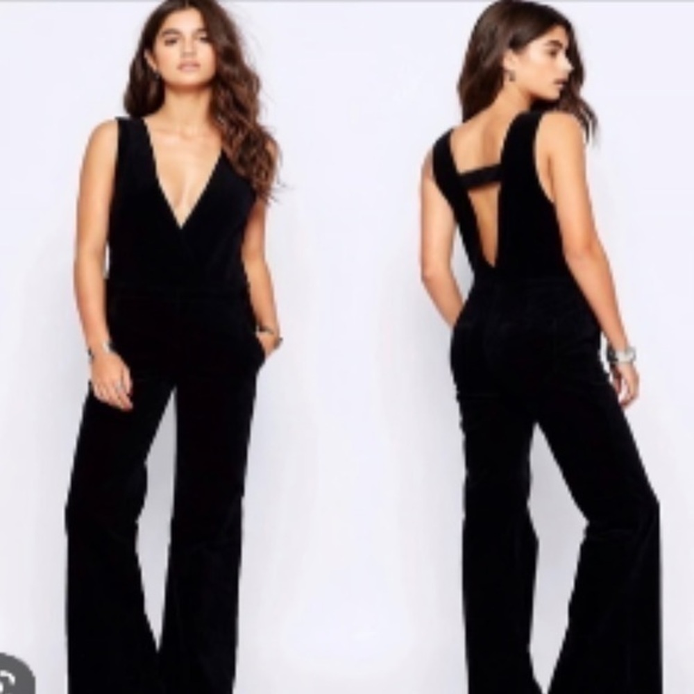 Free People Until Sunrise Black Velvet Flare Leg Jumpsuit